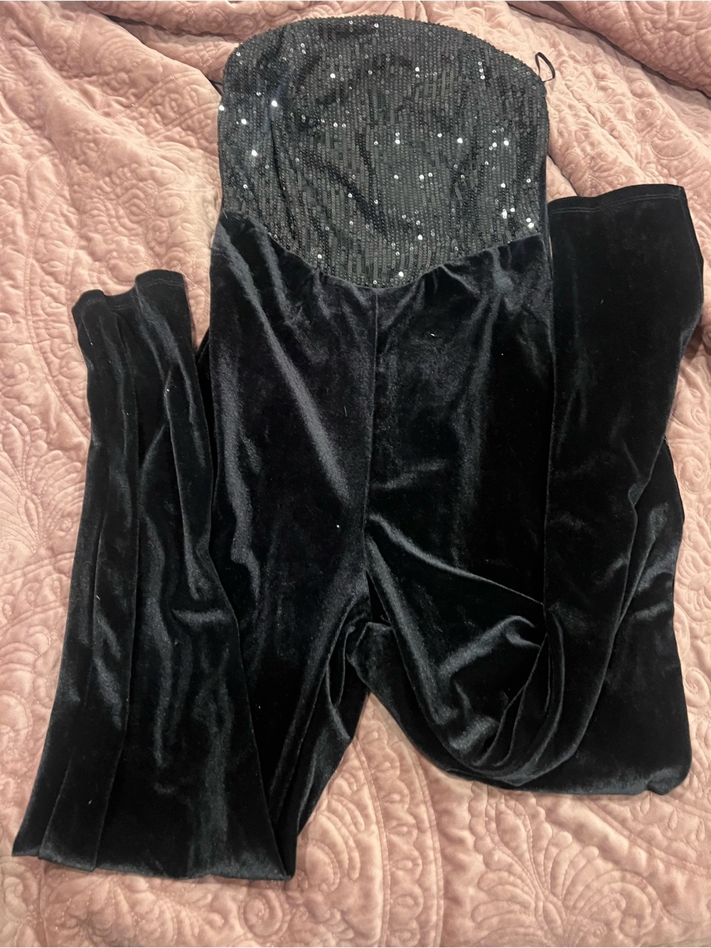 Bozzolo Black Velvet Strapless Sequin Jumpsuit